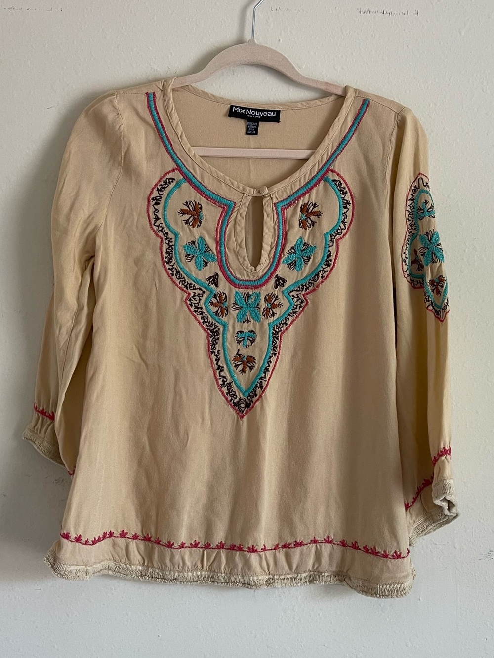 Mix Nouveau Cream Embroidered Peasant Tunic with Turquoise Accents